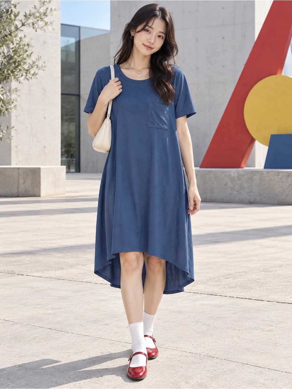 Casual Blue Pocket High-Low T-Shirt Dress
